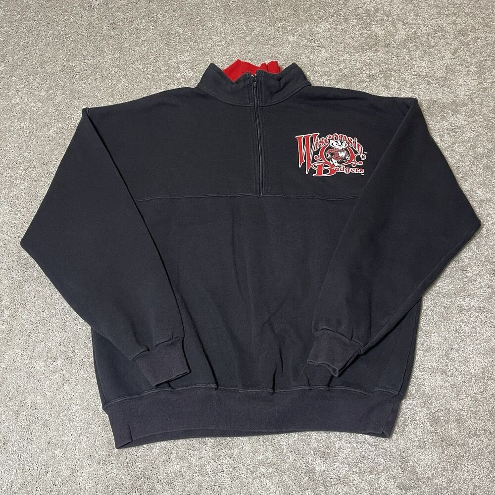 Vintage Wisconsin Badgers 1/4 Zip Mock Neck Fleece Heavy Sweatshirt Men's XL